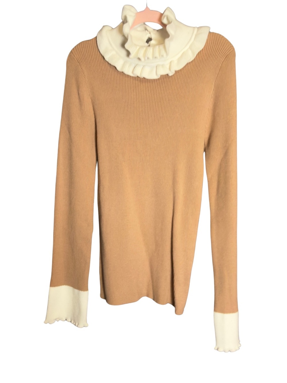 Fashion Nova Camel Knit Top with Cream Ruffled Collar